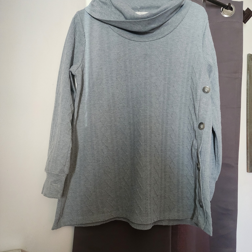 French Laundry Light Gray Cowl Neck Sweater with Side Button Trim